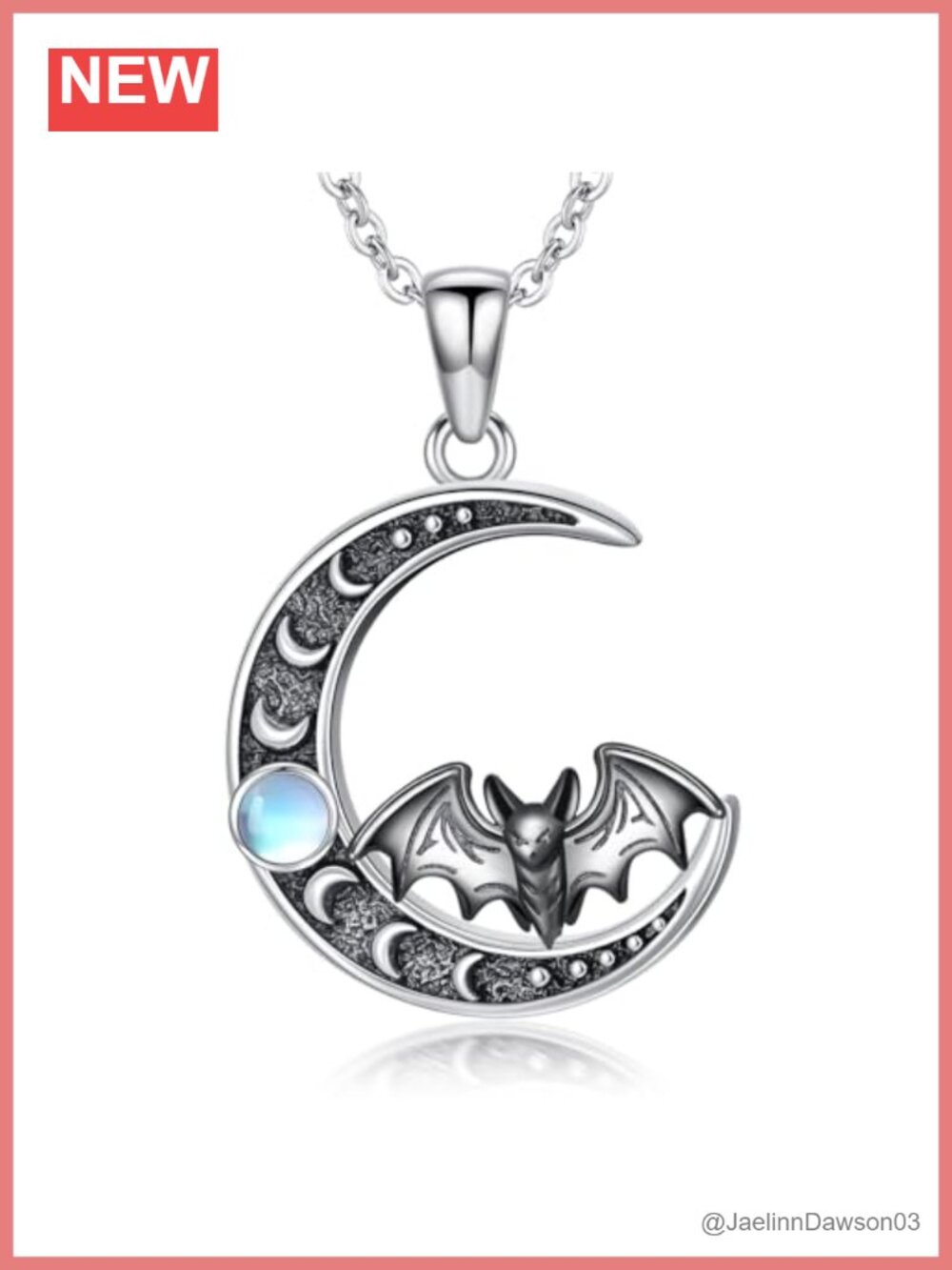 Gothic Bat Moon Pendant Necklace 925 Sterling Silver Halloween Jewelry